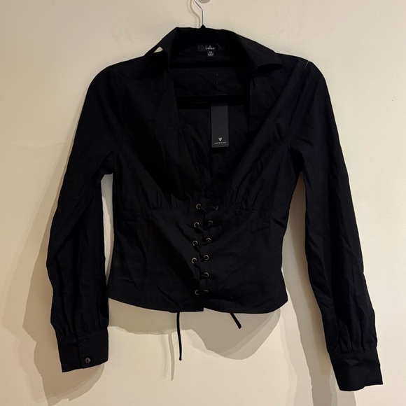 Lulus Sultry Charmer Black Lace-Up Collared Long Sleeve Top Size XS NWT - Picture 4 of 8